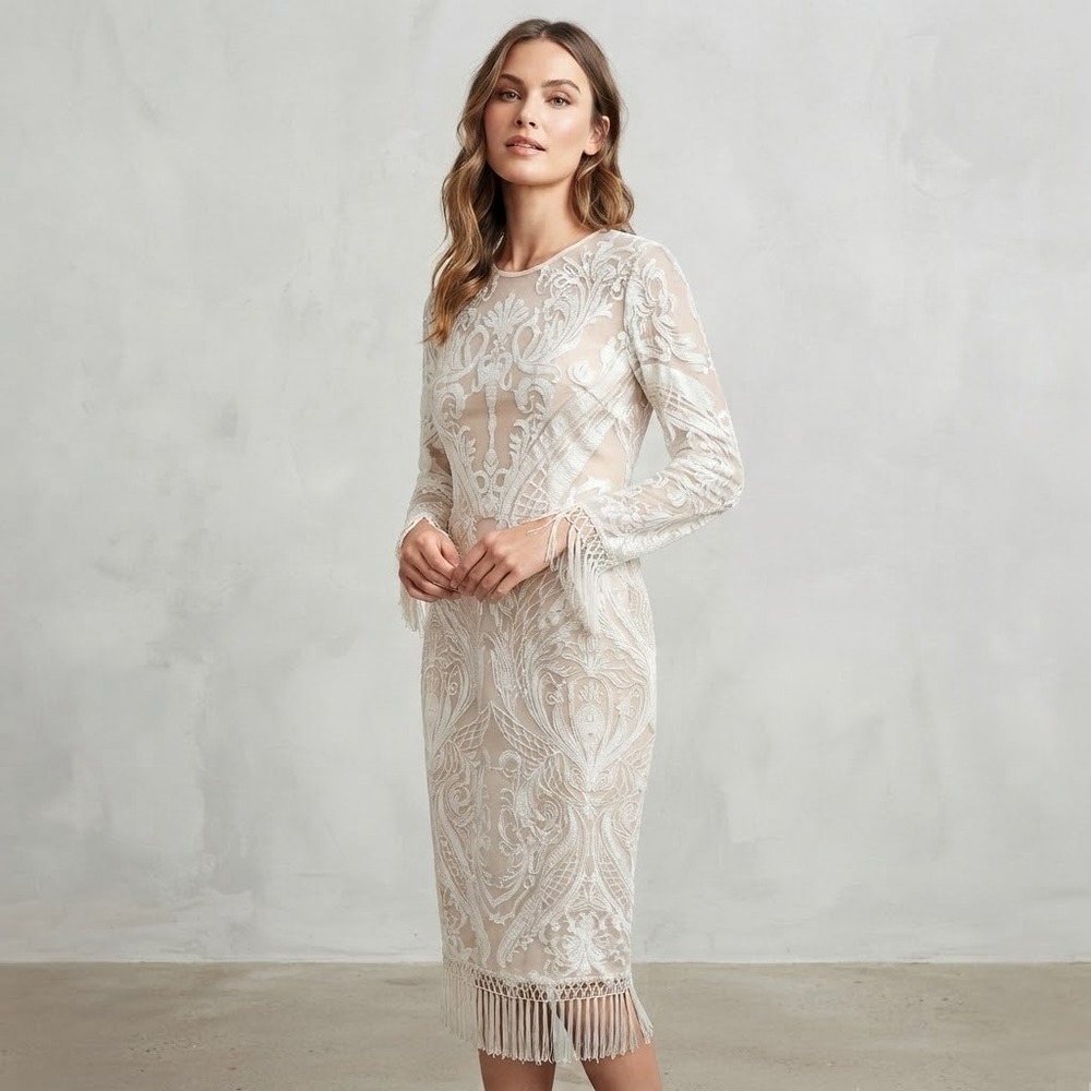 Boston Proper White Embroidered Mesh Fringe Midi Dress Size 8 Boho Cocktail
